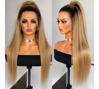 Andria Perruques cheveux raides avec dentelle frontale - Racines foncées ombrées - Blond miel - Deux tons - Cheveux synthétiques longs résistants à la chaleur - Pour femme noire - 61 cm - #1b/#27