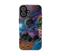 Andriez Bataille spatiale futuriste avec réalité virtuelle - Coque rigide brillante - Compatible avec iPhone 16 Plus - Bleu