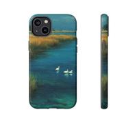 Andriez Swans on Blue Lagoon with Golden Grass - Coque rigide mate - Compatible avec iPhone 14 Plus