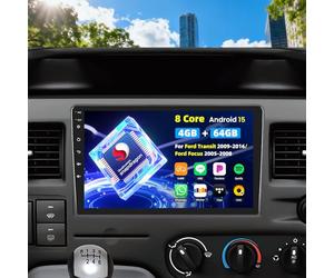 Android 15 8 cœurs Qualcomm 4+64G Autoradio pour Ford Transit 2009-2016 / Ford Focus 2005-2008 avec CarPlay, écran Tactile 9 Pouces, Bluetooth GPS WiFi FM/RDS DSP Modèle de Voiture 3D