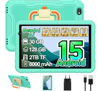 Android 15 Tablette 10 Pouces, 30Go RAM+128Go ROM(TF 2To), Octa-Core, Gemini Al, 8000mAh, Widevine L1, 5G WiFi 6, Contrôle Parental, EVA Étui de Protection Antichoc, 360° Rotatif Support(Vert Clair)