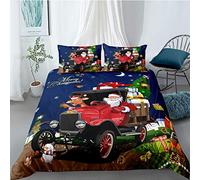 Andrui Housse de couette Motif Noël (Père Noël, Élan, Sapin de Noël, Traîneau, Maison de Neige, Voiture) Parure de lit en microfibre avec fermeture éclair (Bleu 3, Super King Size 260 * 220 cm)