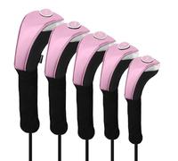 Andux 5pièces/Ensemble Couvre-Tête de Club de Golf en Bois PU Conducteur 460cc avec Long Cou Rose