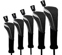 Andux 5pièces/Ensemble Couvre - Tête de Club en Bois De Golf en Nylon Couvre-Conducteur 460cc Long Cou Noir
