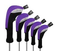 Andux Lot de 5 Couvre-Clubs de Golf 460 CC en Bois de Parcours de Golf à Long Cou Noir/Violet