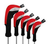 Andux Lot de 5 Couvre-Clubs de Golf 460 CC en Bois de Parcours - Long Cou - Noir/Rouge