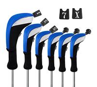 Andux Lot de 6 housses de club de golf pour bois hybride à col long (3 hybrides + 3 bois) Noir/bleu