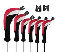 Andux Lot de 6 Housses de tête de Club de Golf à col Long (3 couvertures Hybrides + 3 Housses en Bois) (Noir/Rouge)