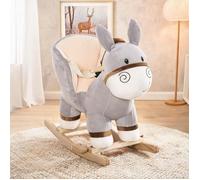 Âne à bascule en peluche avec fonction musicale structure bois peuplier et métal gris 61x34x58 cm