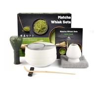 Anei 7 Pcs Matcha Set,Matcha Tea for Making Breakfast/Latte,Whisk Set and Bowl with All Accessories,Gift for Lover，Matte white bowl, PP Resin Stirrer Green