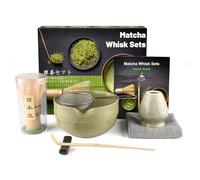 Anei 7 Pcs Matcha Set,Matcha Tea for Making Breakfast/Latte,Whisk Set and Bowl with All Accessories,Gift for Lover，Blunt-nosed threaded green bowl,bamboo Stirrer