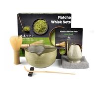 Anei 7 Pcs Matcha Set,Matcha Tea for Making Breakfast/Latte,Whisk Set and Bowl with All Accessories,Gift for Lover，Blunt-nosed threaded green bowl, PP Resin Stirrer Yellow