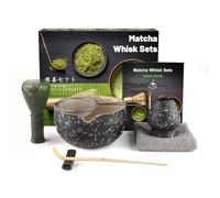 Anei 7 Pcs Matcha Set,Matcha Tea for Making Breakfast/Latte,Whisk Set and Bowl with All Accessories,Gift for Lover，Black spotted bowl, PP Resin Stirrer Green