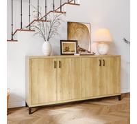 Aneutr Buffet avec 4 Portes, Meuble de Rangement avec étagère réglable et Poignées Noir, Effet Bois Naturel, Sideboard Buffet Salle à Manger Cuisine et Chambre (Bois+Noir, 160x35x80cm)