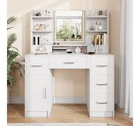 Aneutr Coiffeuse avec éclairage LED, coiffeuse avec miroir, 7 tiroirs, 6 compartiments ouverts, commode de maquillage, table de maquillage moderne, en bois, blanche B