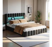 Aneutr Lit capitonné Bubble 140x200, lit double avec éclairage LED et fonction de charge USB, lit escamotable hydraulique avec sommier et tête de lit, lit pour adolescent, lin (gris foncé, 140x200 cm)