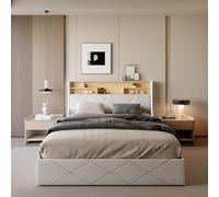 Aneutr Lit Coffre 140x200 cm avec Rangement, Lit Double avec LED et Ports USB, Tête de Lit capitonné et Rangement, Cadre de Lit 2 Personne avec Sommier à Lattes, système hydraulique, PU