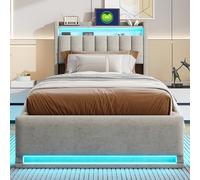 Aneutr Lit Coffre 90 x 200 avec éclairage LED et USB, Lit Simple Rembourré avec Rangement et Tête de Lit, lit 1 Personne Cadre de Lit 90x200 avec sommier à Lattes, Velours