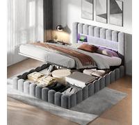 Aneutr Lit rembourré Bubble 180x200, lit double avec éclairage LED et fonction de charge USB, lit escamotable hydraulique avec sommier et tête de lit, lit pour adolescent (Velours gris, 180x200)