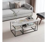 Aneutr Lot de 2 tables basses en bois - Aspect marbre - Avec cadre en métal - Moderne - Rectangulaires - Avec espace de rangement - Noir + blanc - 105 x 52 x 48,5 cm