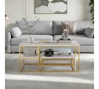 Aneutr Lot de 2 tables basses en bois - Aspect marbre - Avec cadre en métal - Moderne - Rectangulaires - Avec espace de rangement - Doré + blanc - 105 x 52 x 48,5 cm