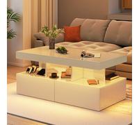 Aneutr Table basse blanche brillante avec éclairage LED, table basse moderne avec étagère d'exposition ouverte et 2 tiroirs, table d'appoint pour salon (blanc)