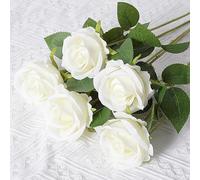 Anevous Lot de 5 roses artificielles avec tiges - Fleurs artificielles en soie - Fleurs décoratives réalistes - Pour mariage, fête, décoration de la maison, bouquet de mariée, blanc A