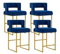 Anewome Lot de 4 tabourets de bar en velours avec dossier carré, modernes rembourrés sans accoudoirs avec pieds en métal doré pour cuisine, îlot, salle à manger, bar, 63,5 cm de haut, bleu