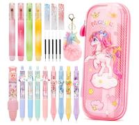 Anfirst Trousse Licorne avec Fournitures Scolaires Kawaii, Kit Papeterie Licorne Fille avec Trousse, 4 Surligneurs, 4 Stylos Gel & 4 Porte-mines et Gomme, Idée Cadeau Fille 5 6 7 8 9 Ans, Rose