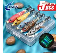 ANFS 5 pièces Kit de leurres horizontaux premium pour crevettes et calmars - Leurres de pêche en eau salée pour crevettes et gambas pour seiches et poulpes Lot de 5 crevettes en bois - 799ABS