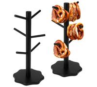 Angaekkot Lot de 2 supports pour bretzels en bois en forme d'arbre, 6 bras, hauteur 33 cm, support en bois en forme d'arbre, support pour bretzel ou saucisses, porte-tasses, porte-donuts (noir)