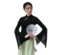 Angcoco Women's Chinese Traditional Slit Flared Long Sleeves Sheer Mesh Blouse Tops