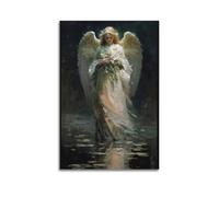 Ange avec des fleurs, peinture à l'huile éthérée - Impression de style, affiche spirituelle sereine, image sur toile de rêve, décoration paisible pour salon, peinture murale artistique moderne à