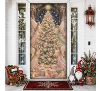 Ange Décoration de sapin de Noël Housses de porte 91,4 x 183 cm | Anges décorant un arbre, bannière de porche, style artistique fantaisie, pêche élégante et dorée, décoration d'intérieur