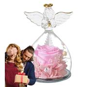 Ange en verre avec rose préservée - Statuette d'ange élégante avec rose royale enfermée dans du verre, souvenir significatif | Belle décoration de bureau à domicile, idée cadeau sincère pour