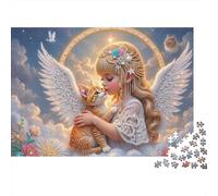Ange Fille Serrant Chat Premium Puzzle 1000 pièces pour Adultes Ange Chat Halo Nuages Épais Robuste Haute Qualité Vibrant Défiant Difficile Relaxation Antistress 70x50cm/1000pcs