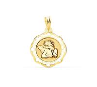 Ange Médaille en or 18 carats avec finition polie de 17 mm et cadre ajouré. Gravure incluse dans le prix - Personnalisable - GRAVURE INCLUSE DANS LE PRIX