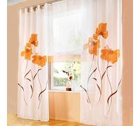 ANGEL BUD 1 Pièce Rideau Voilages a Pattes - Rideaux Transparent Imprimé Fleurs pour Chambre à Coucher Balcon Salon, Orange, 150x260cm