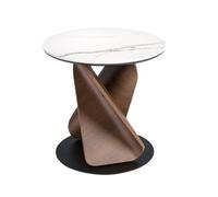 Angel Cerdá 2175 Table de coin ronde au design moderne avec plateau en marbre porcelaine blanc marbré mat et pieds en bois de noyer naturel Base en acier noir Ø50 x 45 cm