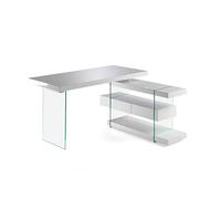 Angel Cerdá - Bureau en Bois Blanc et Verre Trempé avec Tiroirs et Étagères - Bureau de Travail au Design Contemporain avec Pieds en Verre - 140 x 127 x 75 cm