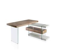 Angel Cerdá - Bureau en Bois de Noyer et Verre Trempé avec Tiroirs Soft-Closing - Bureau de Travail avec Étagères Gris Perle - 140 x 127 x 75 cm