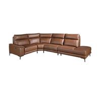 Angel CERDÁ - Canapé Chaise Longue Droite 5 Pl. - Design Moderne avec Système Électrique USB - 305 x 244 x 97 cm - Cuir de Vachette Marron Tabac et Pieds en Acier Inoxydable Chromé Sombre.