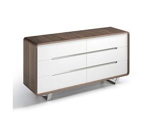 Angel Cerdá - Commode en Bois de Noyer et Blanc Brillant - Meuble Commode avec Six Tiroirs Soft-Closing et Pieds en Acier Chromé - Moderne et Fonctionnelle pour Chambre - 140 x 39 x 70 cm