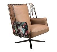 Ángel Cerdá - Fauteuil Pivotant Revêtu de Cuir Marron et de Tissu Imprimé - Design Moderne, Enveloppant et Fonctionnel - 76 X 82 X 78 Cm - Base Pivotante en Acier Noir et Dossier Ergonomique Rembourré