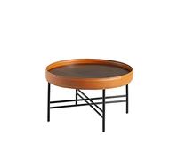 Ángel Cerdá - Table basse ronde en noyer et cuir de vachette couleur cognac - Table basse moderne et sophistiquée - Original et polyvalente - Matériaux résistants - Ø62 x 35 cm