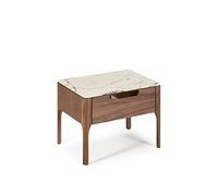 Angel Cerdá - Table de Chevet en Bois de Noyer avec Plateau en Fibre de Verre Calacatta - Design Moderne avec Tiroir à Fermeture Douce et Poignée en Acier Cuivré - 55 x 40 x 44 cm