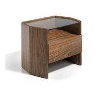 Angel Cerdá - Table de Chevet Hexagonale en Bois de Noyer et Verre Trempé - Design Moderne avec Tiroir à Fermeture Douce et Fond Creux - 65 x 45 x 50 cm