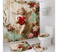 Angel Ensemble de rideaux de douche vintage romantiques avec motifs cœurs roses sans rouge, lavables avec crochets pour salle de bain - Rideaux et tapis décoratifs pour chambre d'amis en toile - 183 x