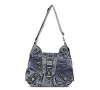 Angel Kiss Sac Hobo pour femme en cuir végétalien clouté, sac à main et sac à main rétro spacieux, sac à bandoulière quotidien, taille M, bleu jean, Medium