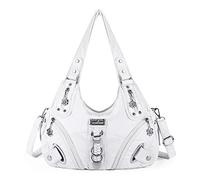 Angel Kiss Women Multiple Pockets Purses and Handbags Washed Leather, Two Top Zippers Closure, White, blanc